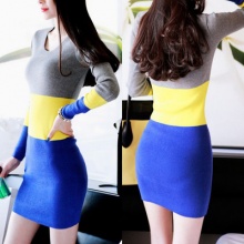 2014韩版新款修身显瘦 撞色长袖拼接条纹毛衣针织连衣裙