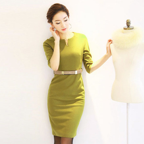 东洲雅莉2014春装新款韩版高端女式修身显瘦气质OL职业中袖连衣裙
