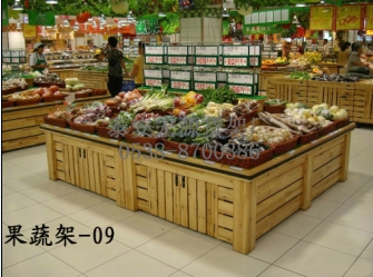 超市靠墙水果货架 木质果蔬堆头 蔬菜摆放架