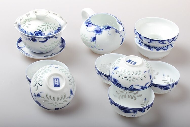 青花玲珑茶具批发价格，景德镇陶瓷茶具，陶瓷礼品茶具，批发茶具