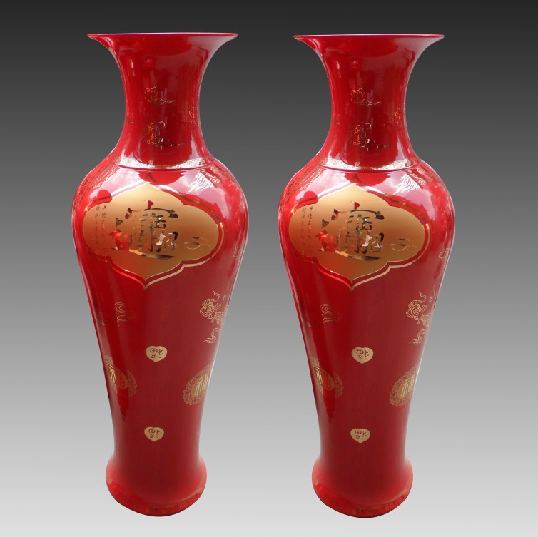 景德镇陶瓷厂，中国红陶瓷大花瓶，家居装饰花瓶，万业陶瓷厂
