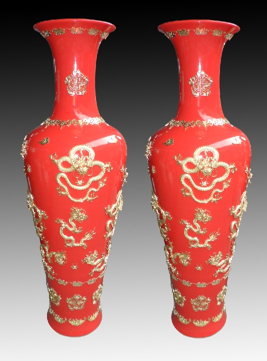 景德镇陶瓷厂，中国红陶瓷大花瓶，家居装饰花瓶，万业陶瓷厂