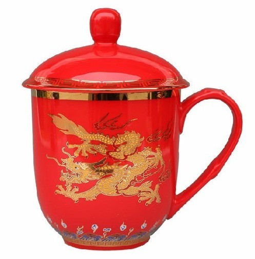 订制茶杯厂家，中国红陶瓷杯子，喜庆杯子加工，礼品杯子