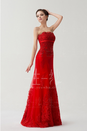新品大红色新娘敬酒礼服 齐地蕾丝一字肩短袖修身显瘦礼服原始图片2