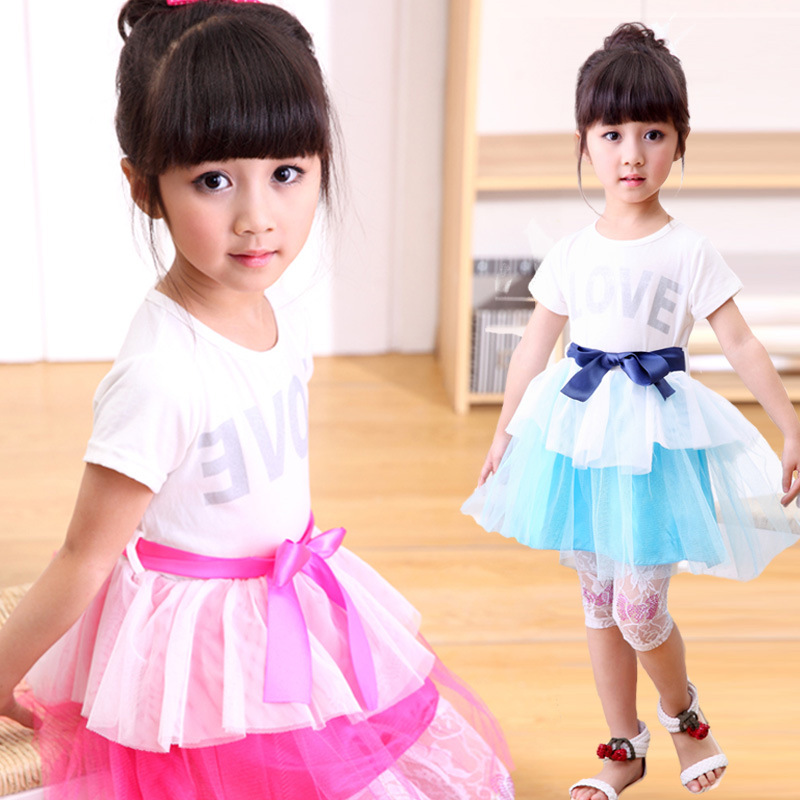 2014夏季童装女童连衣裙儿童裙子韩版短袖双色彩带裙 厂家直销