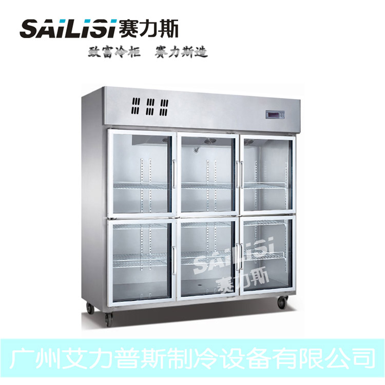赛力斯六门不锈钢厨房冷柜立式保鲜冷藏柜 玻璃门展示冰柜