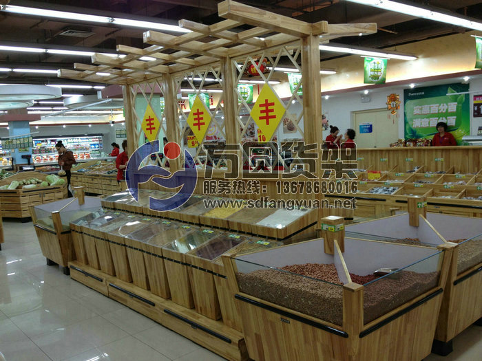 超市木制货架 山东省木质货架 生鲜区货架厂家